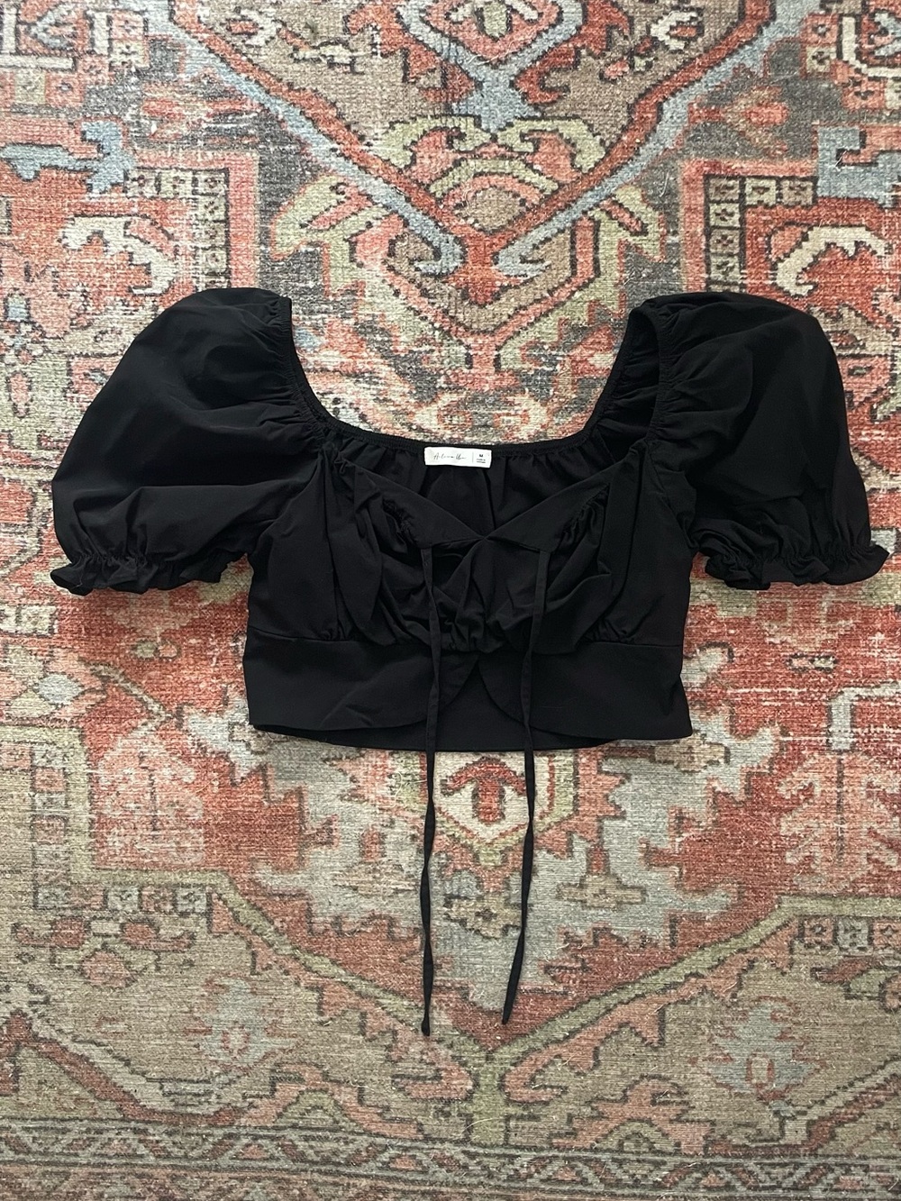 All in Favor Black Puff-Sleeve Cropped Tie-Front Top